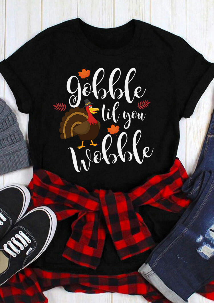 

Thanksgiving Gobble Til You Wobble Turkey Maple Leaf T-Shirt Tee - Black, SCM008006