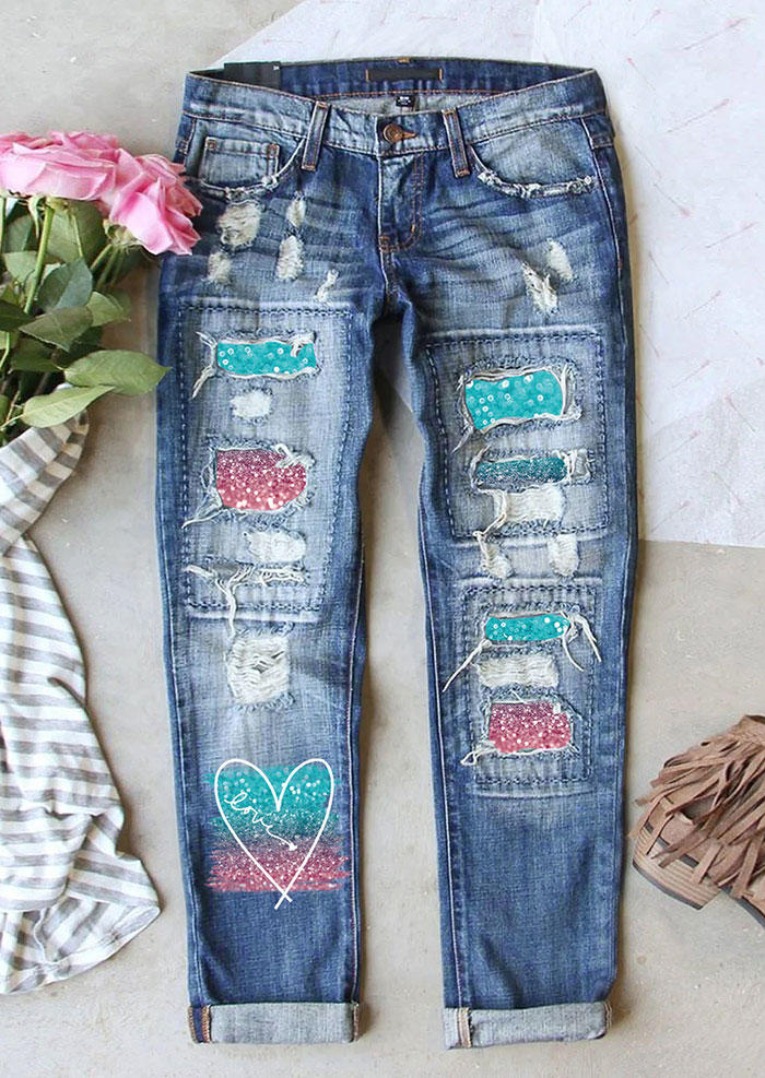 

Gradient Glitter Love Heart Ripped Hole Denim Pants - Blue, SCM008061
