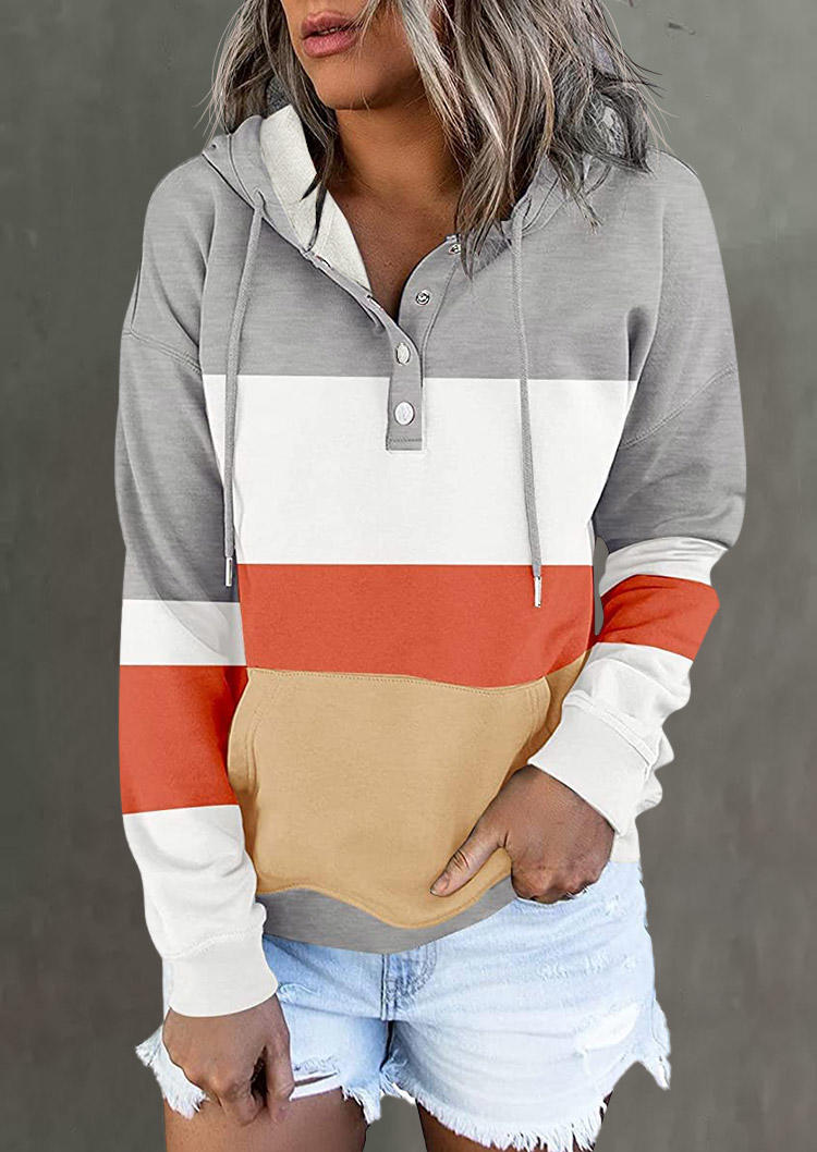

Color Block Button Kangaroo Pocket Hoodie, Multicolor, SCM006872