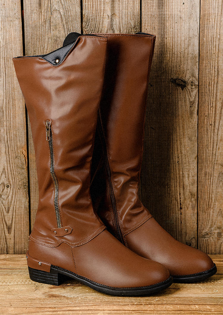 Western Zipper Ruffled Boots - Brown