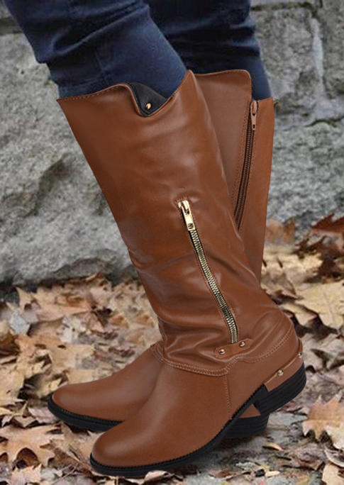 

Western Zipper Ruffled Boots - Brown, SCM007097