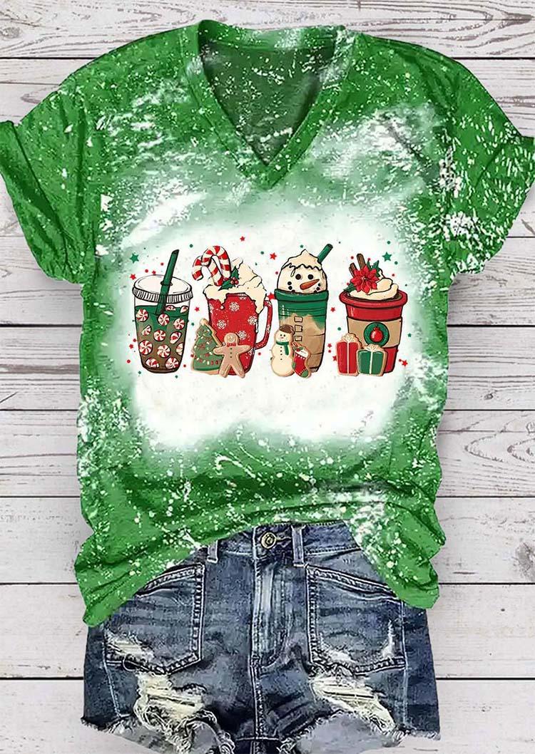 

Christmas Drink Bleached V-Neck T-Shirt Tee - Green, SCM007128