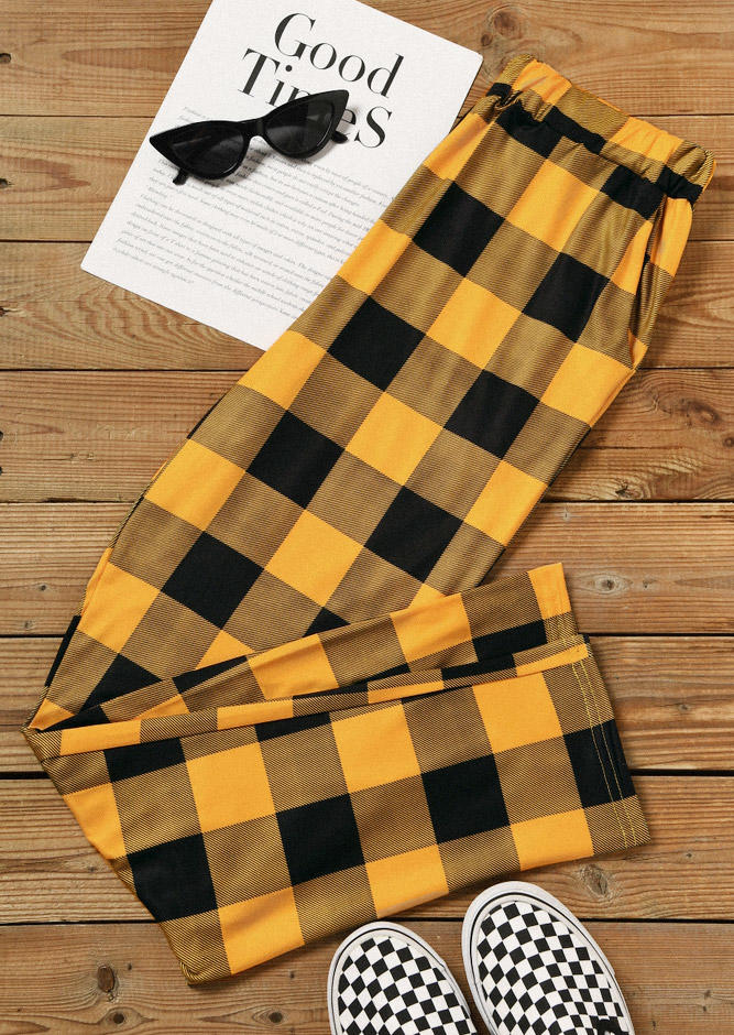 

Plaid Pocket Elastic Waist Casual Pants - Yellow, SCM007242