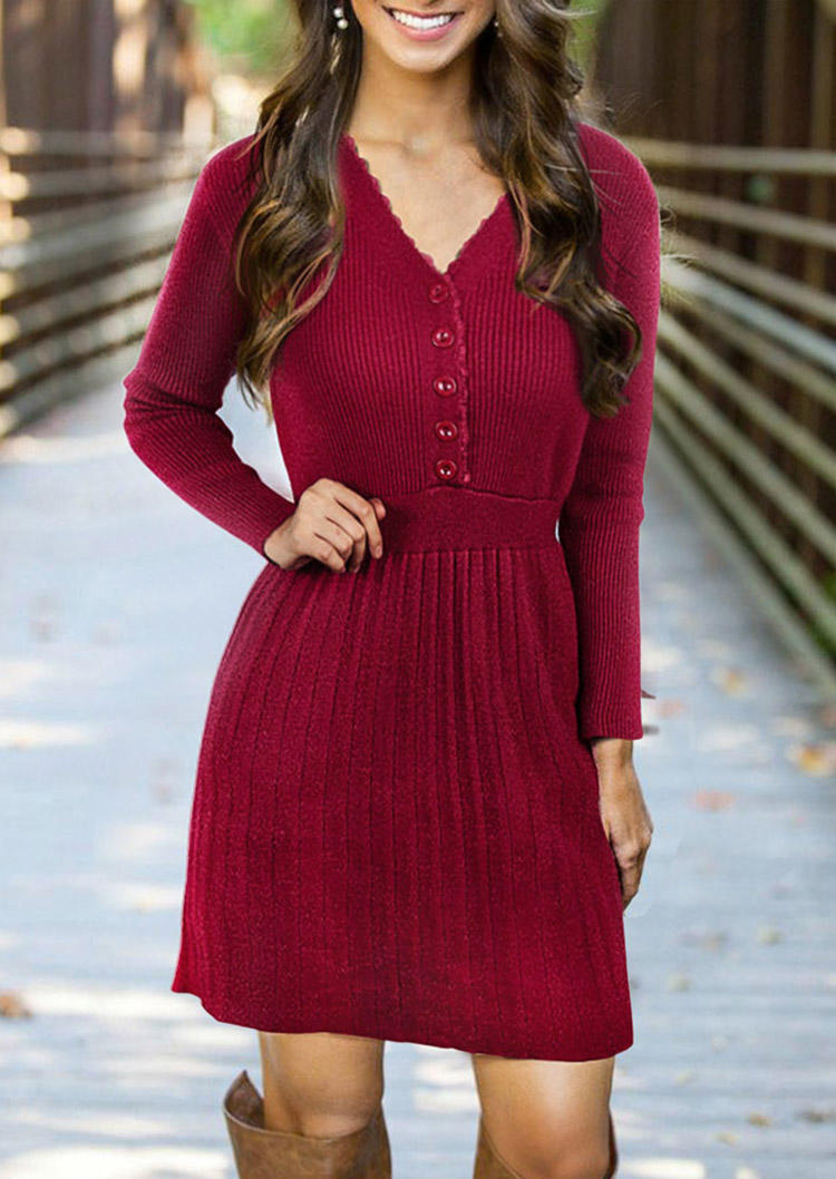 

Ruffled Button V-Neck Knitted Mini Dress - Burgundy, Red, SCM007462