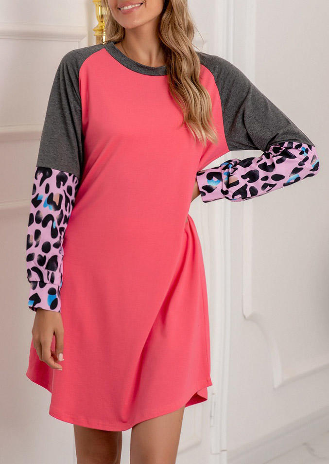 

Leopard Color Block Long Sleeve Mini Dress - Watermelon Red, SCM007482