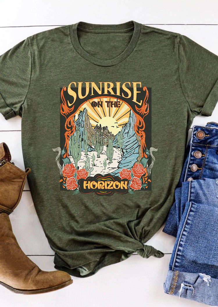Sunrise On The Horizo​​n Rose O-Neck T-Shirt Tee - Army Green