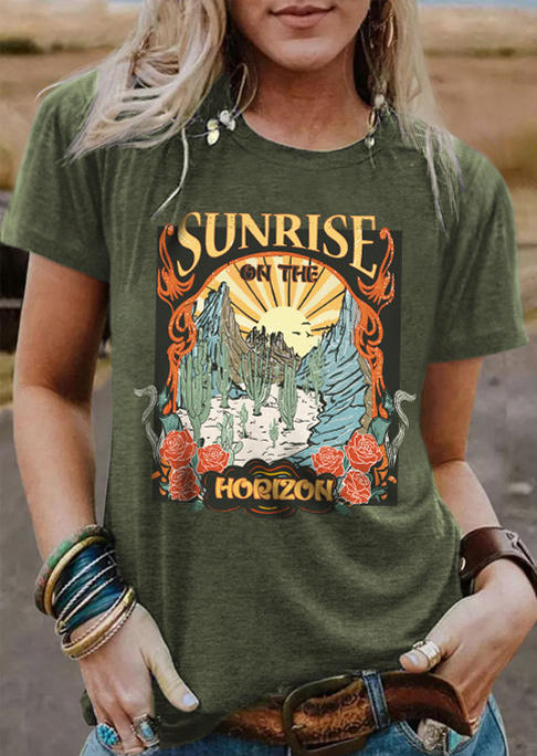 

Sunrise On The Horizo​​n Rose O-Neck T-Shirt Tee - Army Green, SCM007500