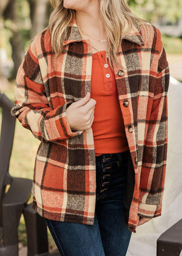 

Plaid Button Turn-down Collar Coat - Orange, SCM007511