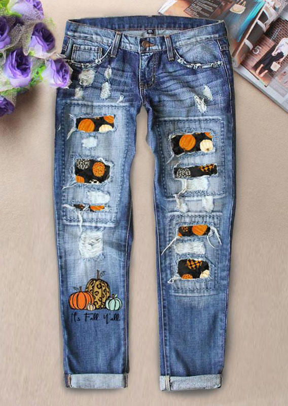 

It' Fall Y'all Pumpkin Leopard Denim Pants - Blue, SCM007521