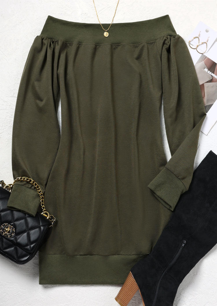 Ruffled Off Shoulder Puff Sleeve Sweatshirt Mini Dress - Army Green