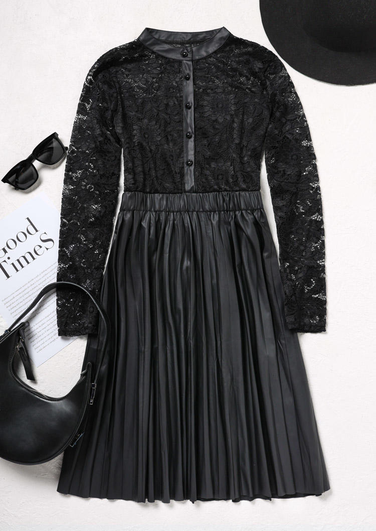 Lace Splicing Button Pleated Mini Dress - Black
