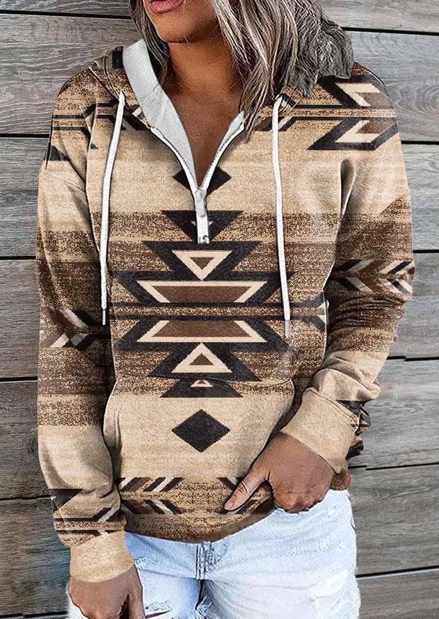 

Aztec Geometric Zipper Drawstring Kangaroo Pocket Hoodie, Multicolor, SCM007616