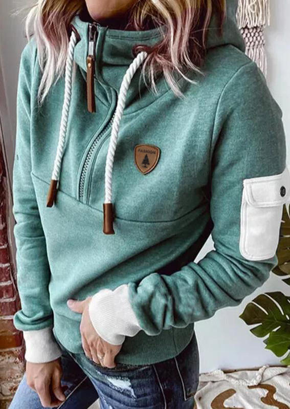 

Zipper Drawstring Arm Pocket Long Sleeve Hoodie - Green, SCM007620