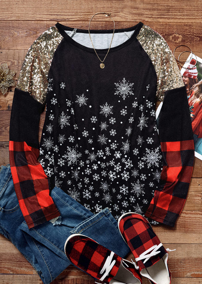Christmas Snowflake Buffalo Plaid Sequined Raglan Sleeve Blouse - Black