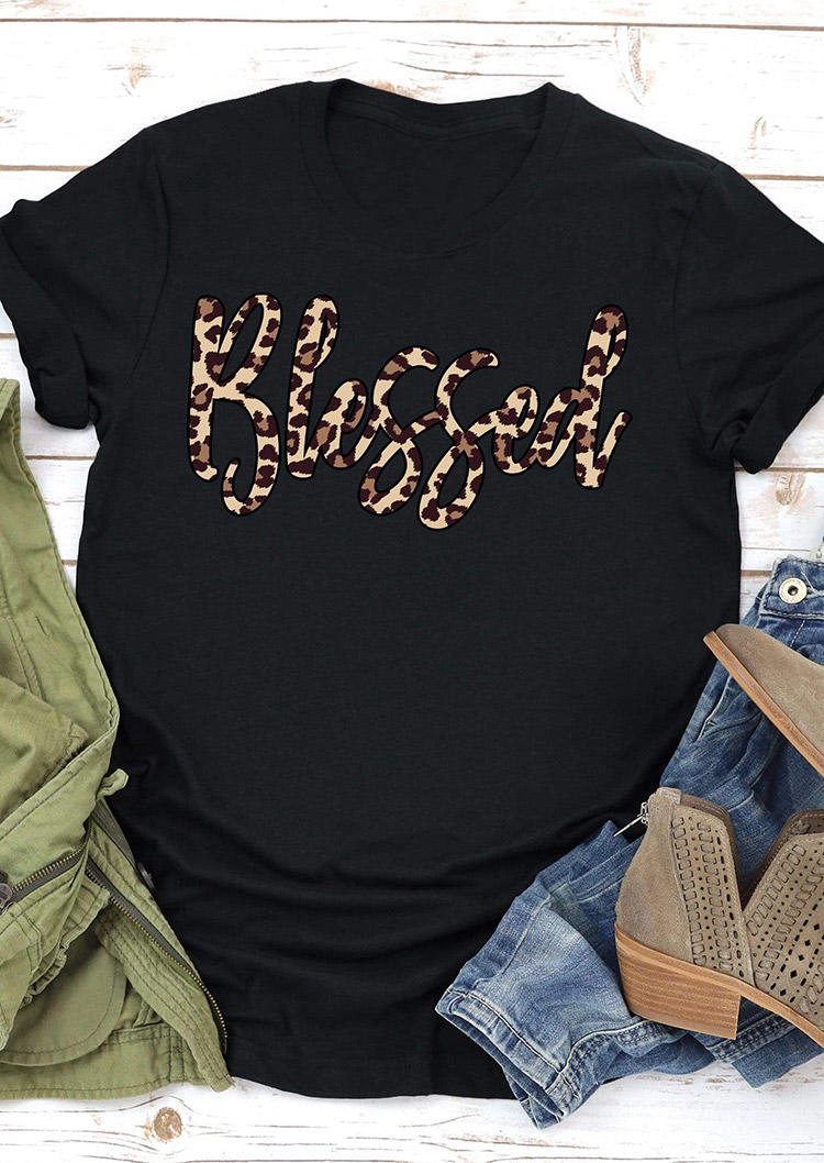 Thanksgiving Blessed Leopard O-Neck T-Shirt Tee - Black