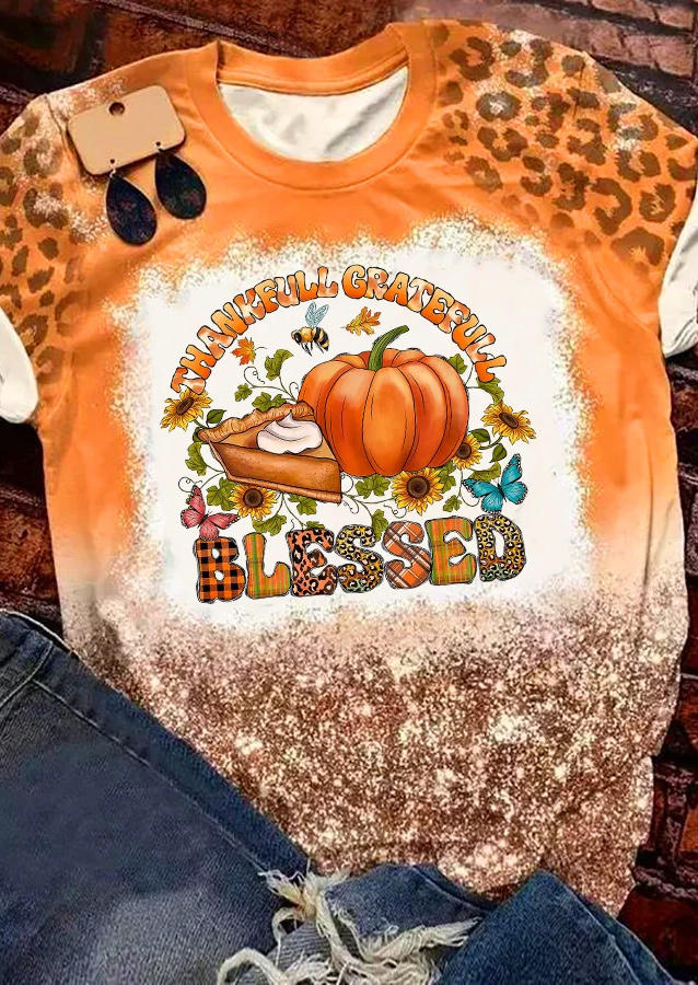 Thankful Grateful Blessed Leopard Plaid Pumpkin T-Shirt Tee - Orange