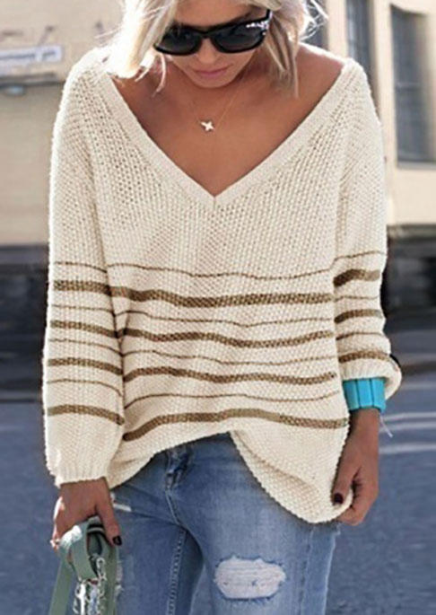 

Striped Long Sleeve V-Neck Sweater - Beige, Apricot, SCM007701