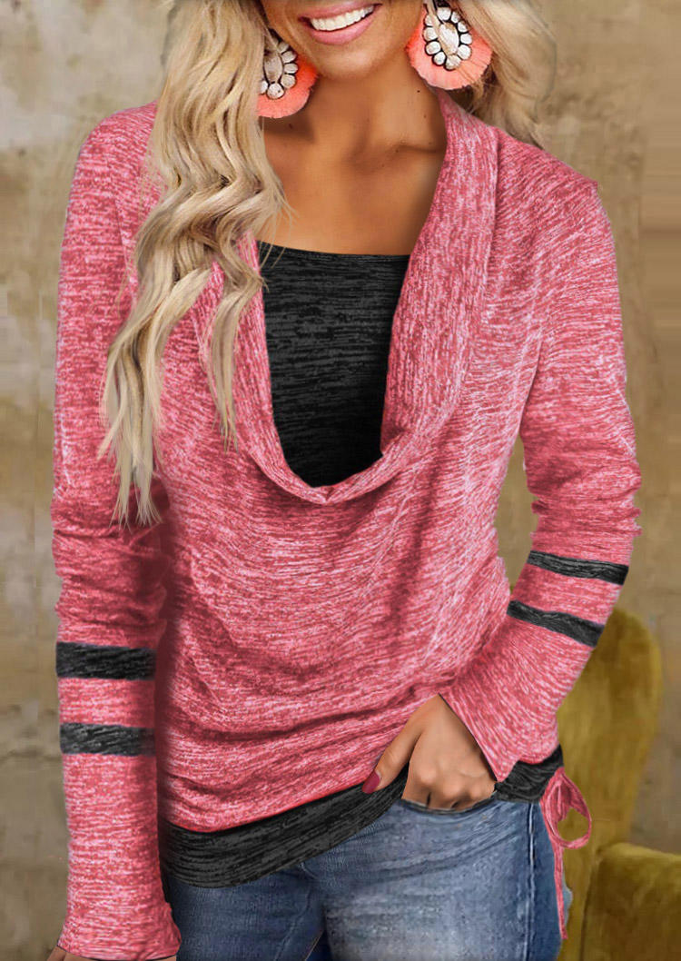 

Color Block Fake Two-Piece Drawstring Blouse - Pink, SCM007709
