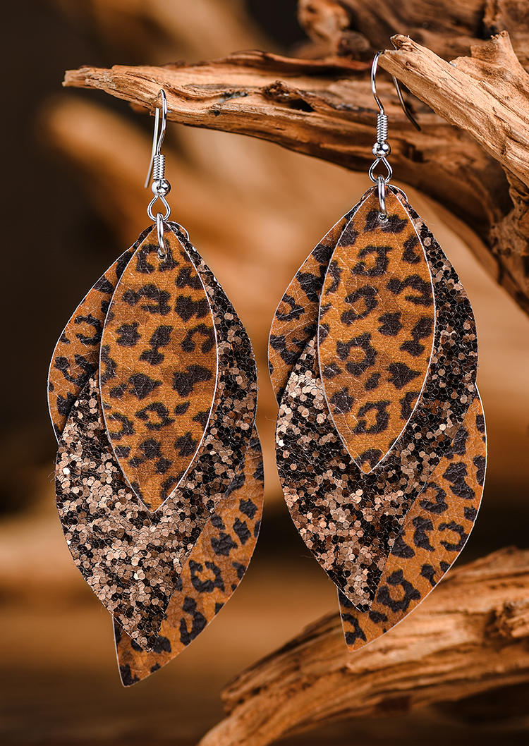 Leopard Glitter Leaf Multi-Layered Earrings