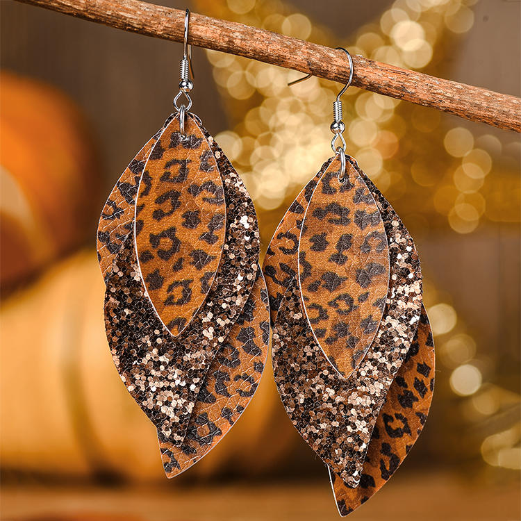Leopard Glitter Leaf Multi-Layered Earrings