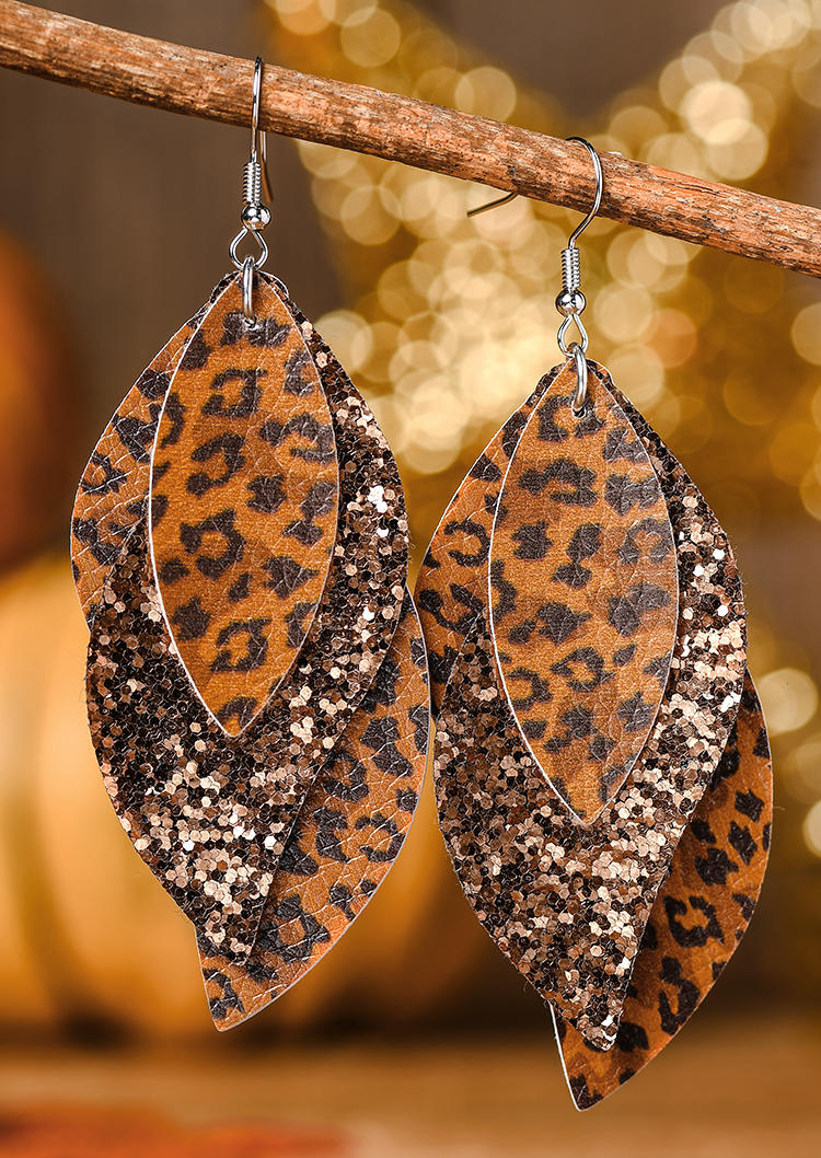 Leopard Glitter Leaf Multi-Layered Earrings