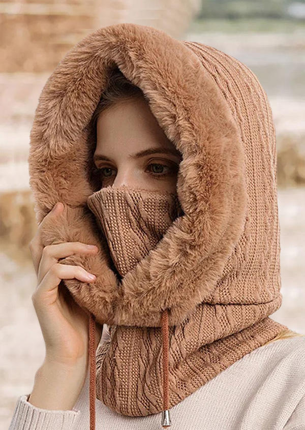 

Winter 3in1 Knitted Fleece Lined Hooded Ski Mask Hat, Khaki, SCM007751
