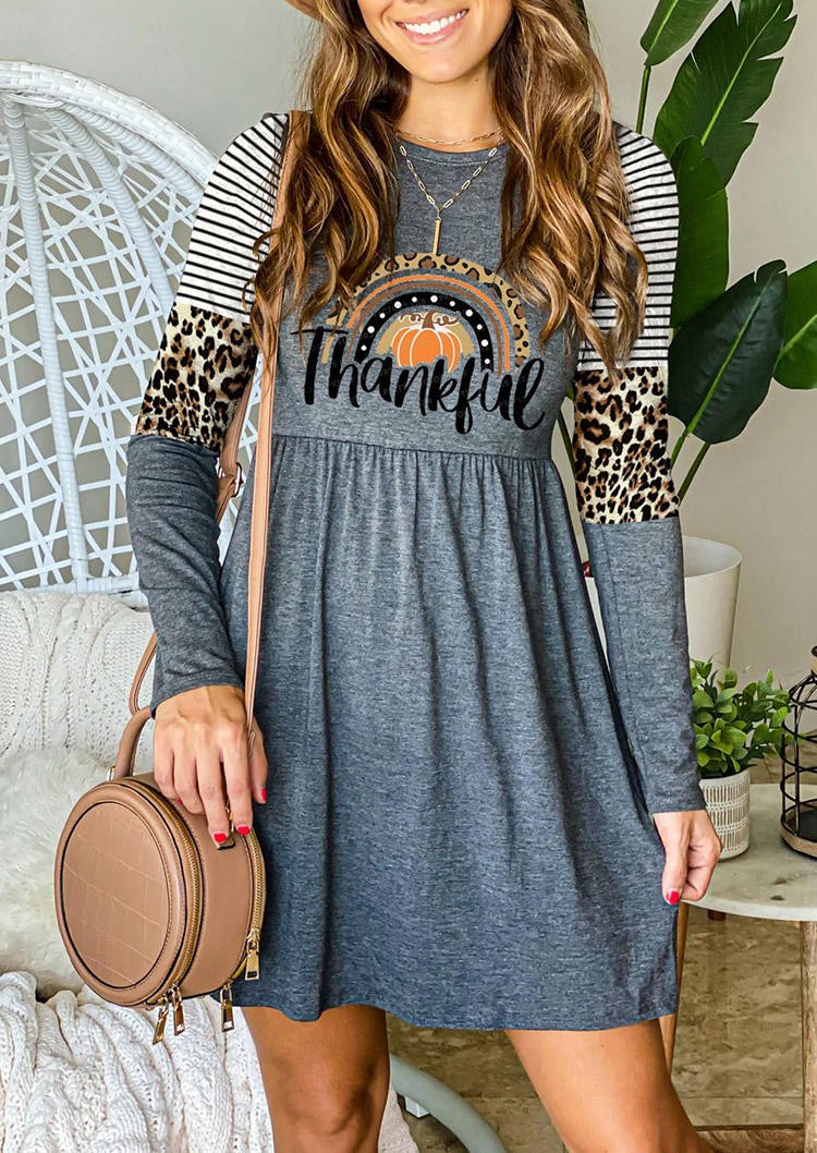 Thankful Striped Leopard Pumpkin Ruffled Mini Dress - Gray