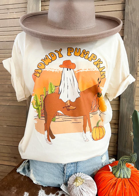 

Halloween Howdy Pumpkin Horse Pumpkin Cactus T-Shirt Tee - White, SCM007787