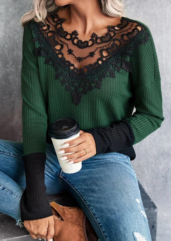 Color Block Lace Splicing Long Sleeve Blouse