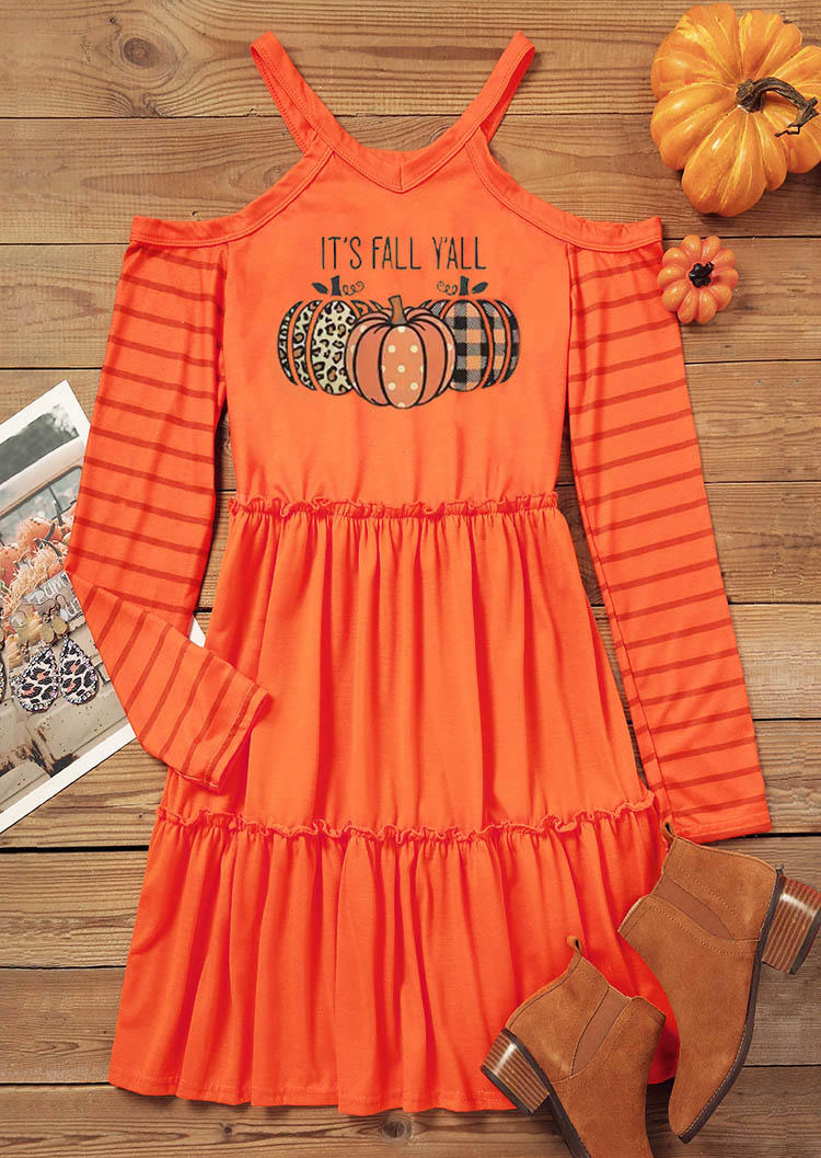 It's Fall Y'all Leopard Plaid Striped Pumpkin Polka Dot Mini Dress - Orange