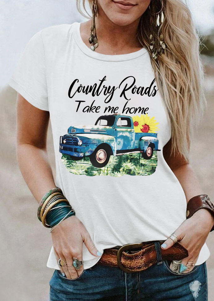 

Country Roads Take Me Home Sunflower Truck T-Shirt Tee - White, SCM007868