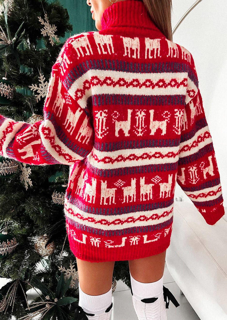 Christmas Long Sleeve Turtleneck Sweater Mini Dress - Red