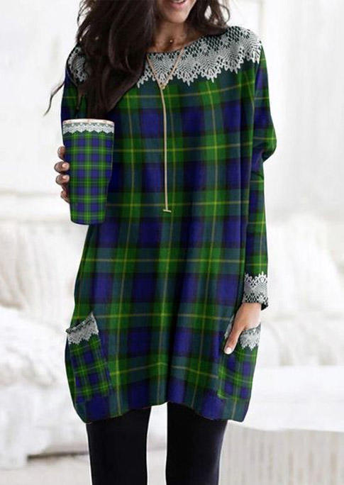 

Plaid Pocket Long Sleeve Mini Dress, Multicolor, SCM007930