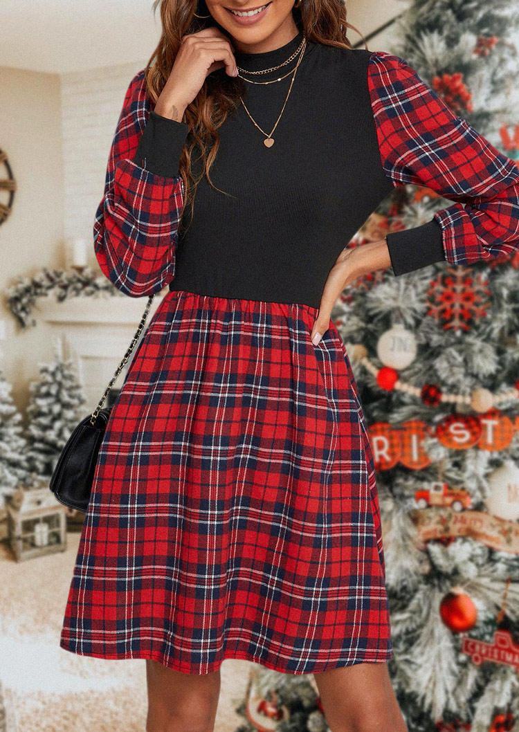 

Plaid Long Sleeve Turtleneck Mini Dress, Multicolor, SCM008002