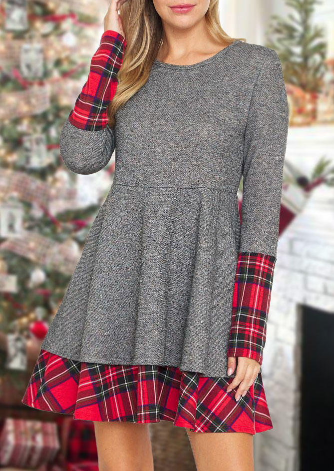 

Plaid Ruffled Long Sleeve O-Neck Mini Dress - Gray, SCM008003