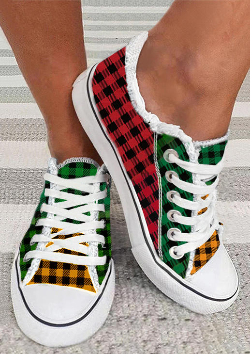 

Color Block Plaid Frayed Lace Up Flat Sneakers, Multicolor, SCM008107