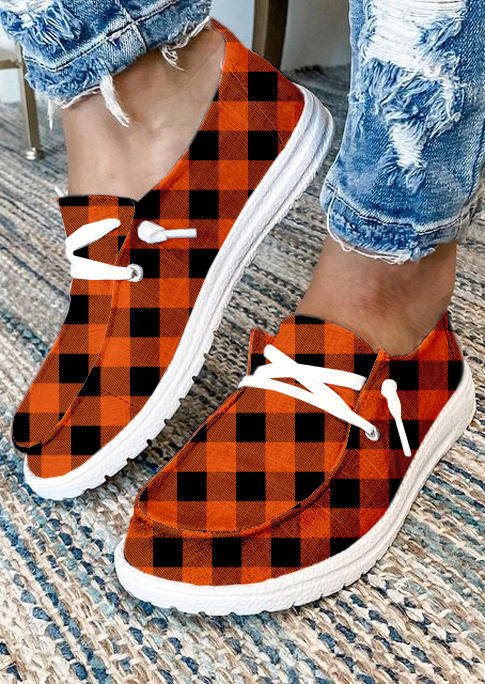 

Buffalo Plaid Slip On Flat Canvas Sneakers, Orange, SCM008181