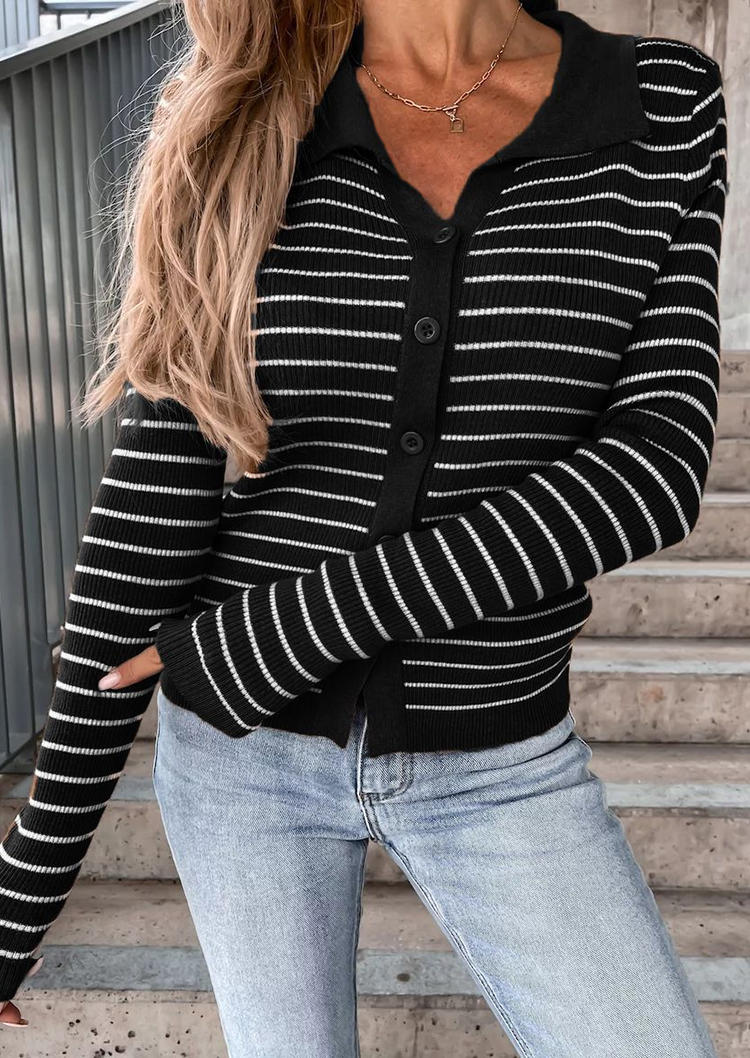 

Striped Button Turn-down Collar Long Sleeve Cardigan - Black, SCM008301