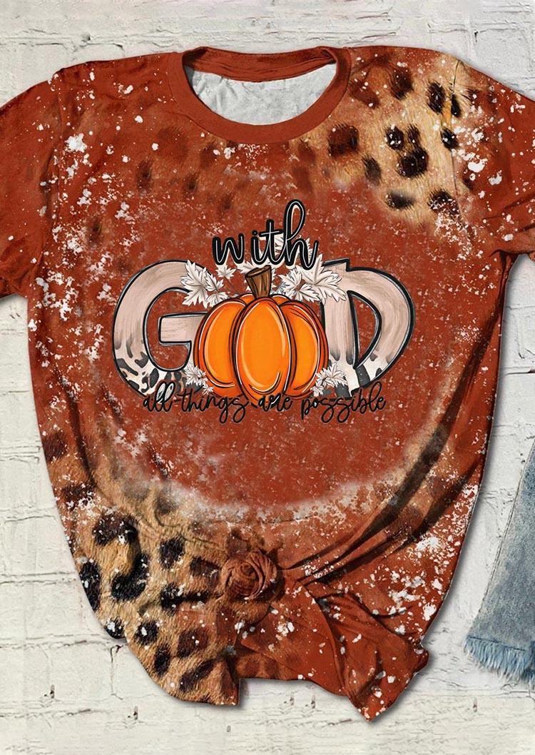 

With God All Things Are Possible Leopard Pumpkin Maple Leaf T-Shirt Tee - Orange, SCM006982