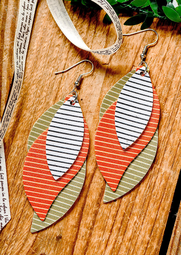 Striped Leaf Multi-Layered PU Leather Earrings