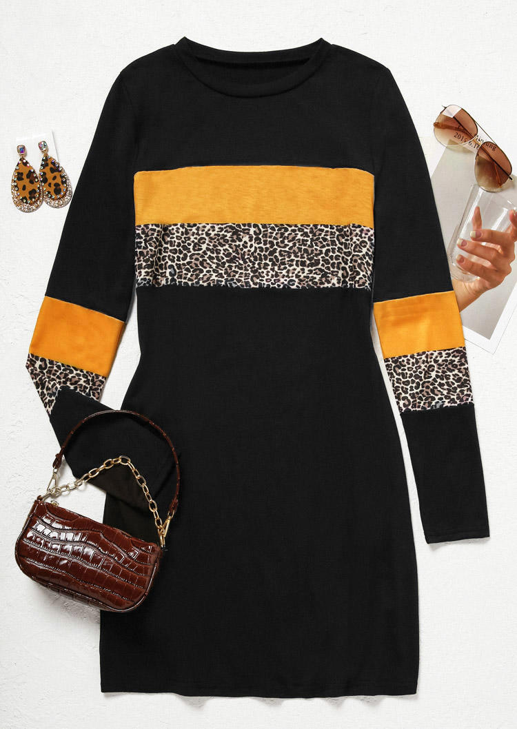 Leopard Color Block Sweatshirt Mini Dress - Black