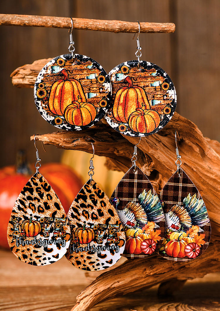 

3 Pairs Leopard Pumpkin Plaid Hook Earrings, Multicolor, SCM007192