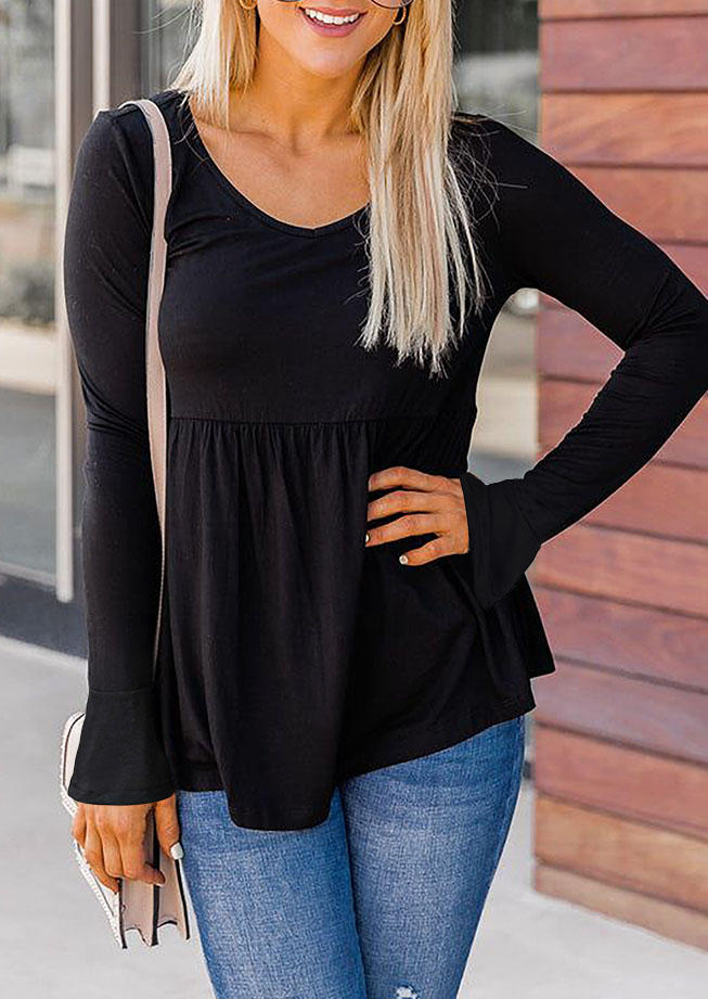 

Ruffled Long Sleeve O-Neck Blouse - Black, SCM007530