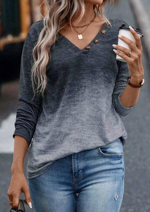 

Gradient Button Long Sleeve V-Neck Blouse, Multicolor, SCM007604