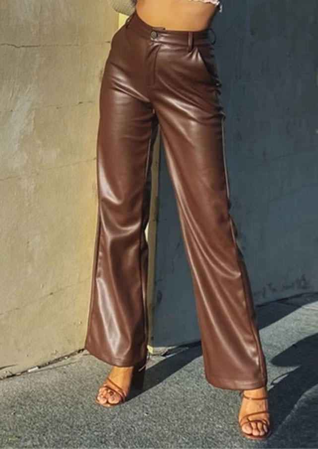 

Pocket PU Leather Wide Leg Pants - Brown, SCM007609