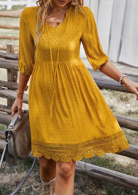 

Dotted Swiss V-Neck Mini Dress - Yellow, SCM007670