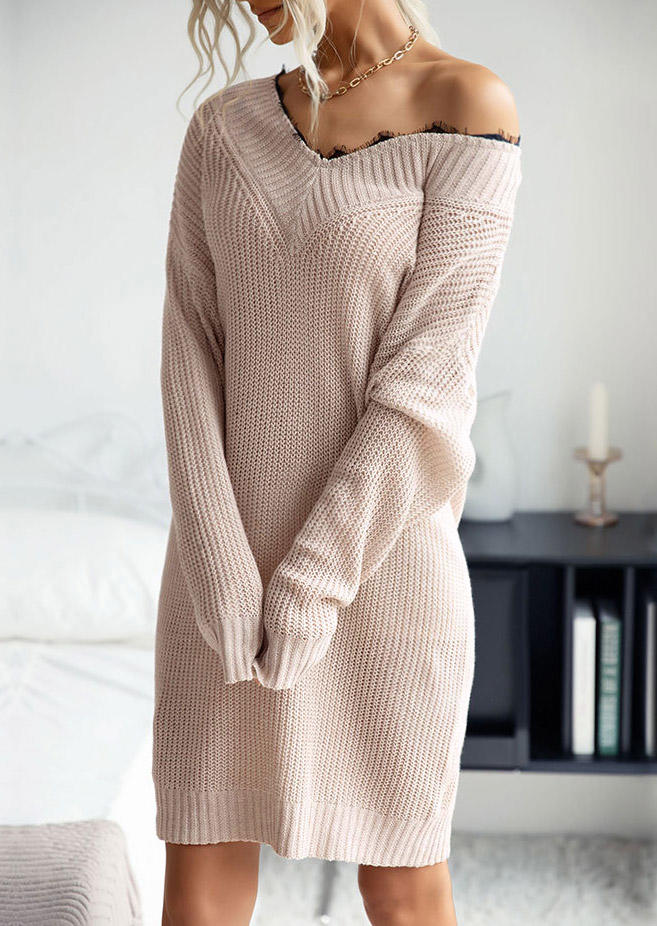 Lace Splicing V-Neck Sweater Mini Dress - Khaki
