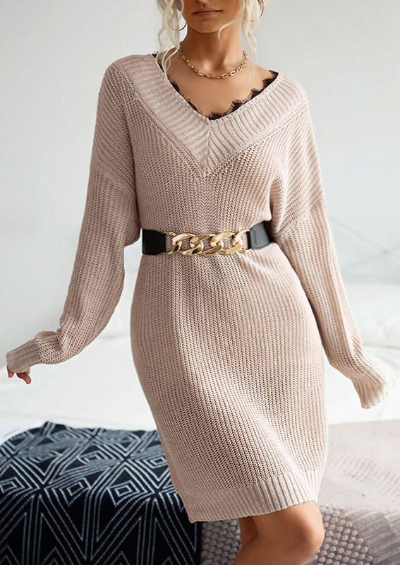 

Lace Splicing V-Neck Sweater Dress - Khaki, SCM007771