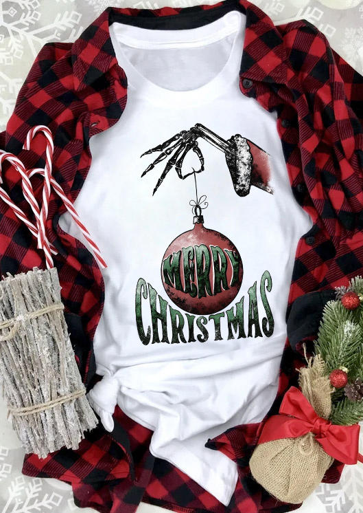 

Merry Christmas Skeleton Hand O-Neck T-Shirt Tee - White, SCM008023