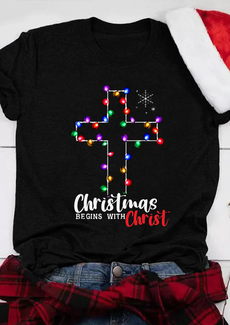 

Christmas Begins With Christ Cross Colorful Lights T-Shirt Tee - Black, SCM008025